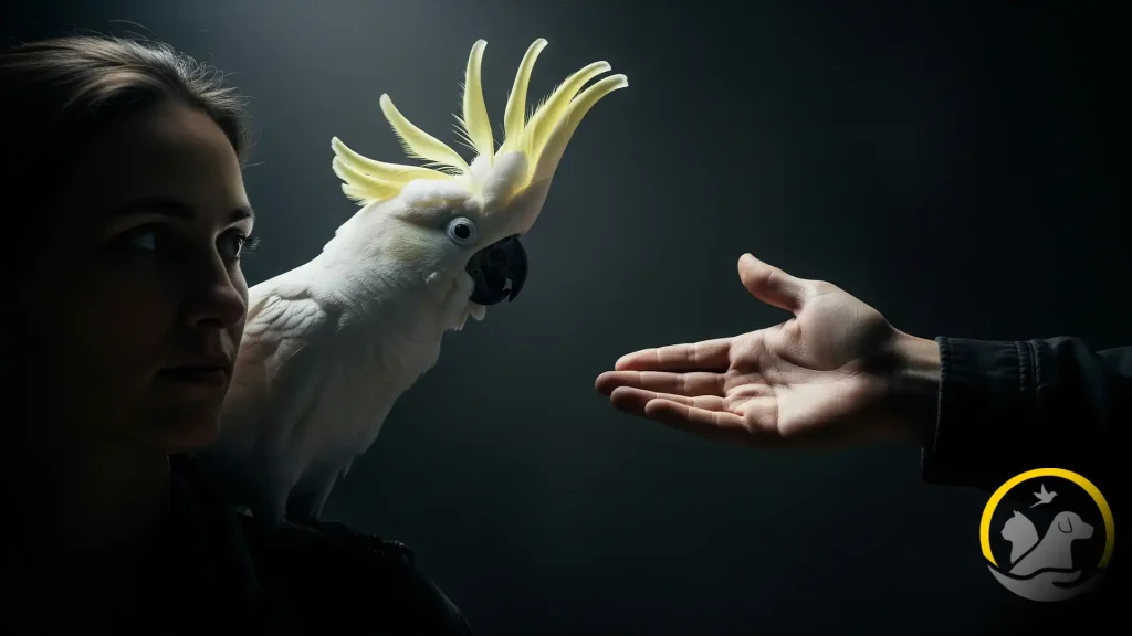 یک طوطی در حال نشان دادن حسادت در طوطی و رفتار تملک آمیز نسبت به صاحب خود.