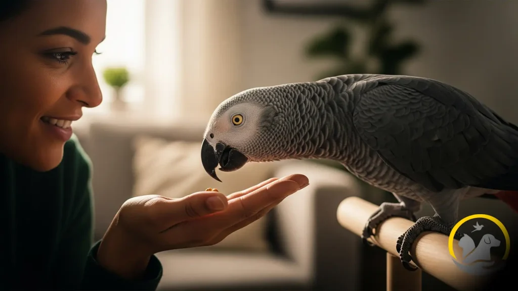 یک طوطی در حال یادگیری در یک جلسه مثبت آموزش پرندگان.