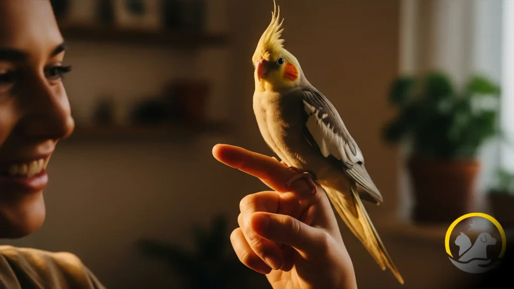 یک عروس هلندی در حال اجرای صحیح فرمان بیا بالا به عنوان اولین قدم در آموزش پرندگان.